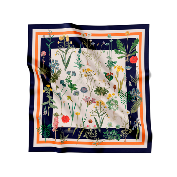 Flora Danica Denmark Flower Field silketørklæde Small scarf Flower Field Navy-Blue/orange